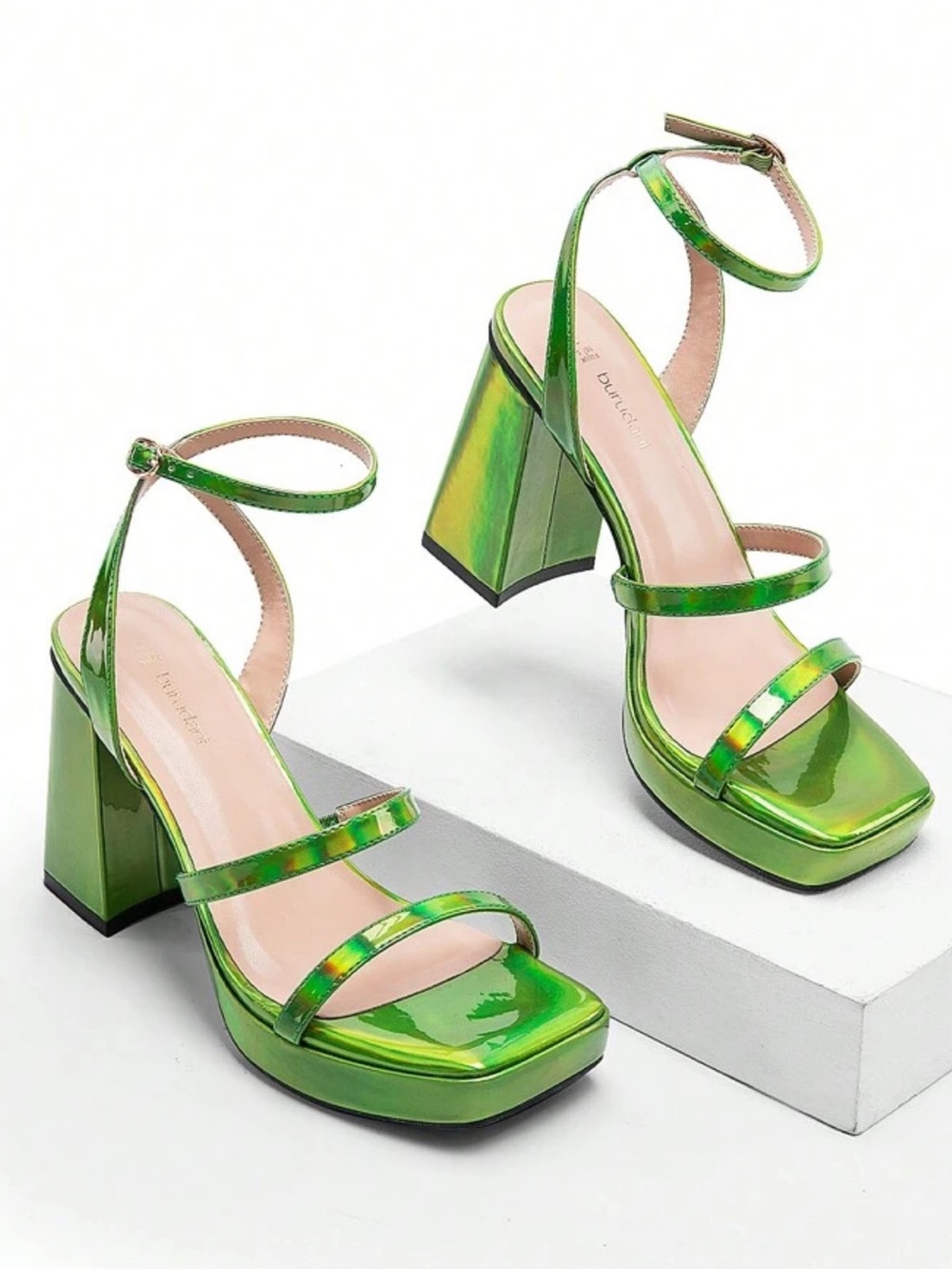 Iridescent Green Patent Block Heel Sandals with Ankle Strap